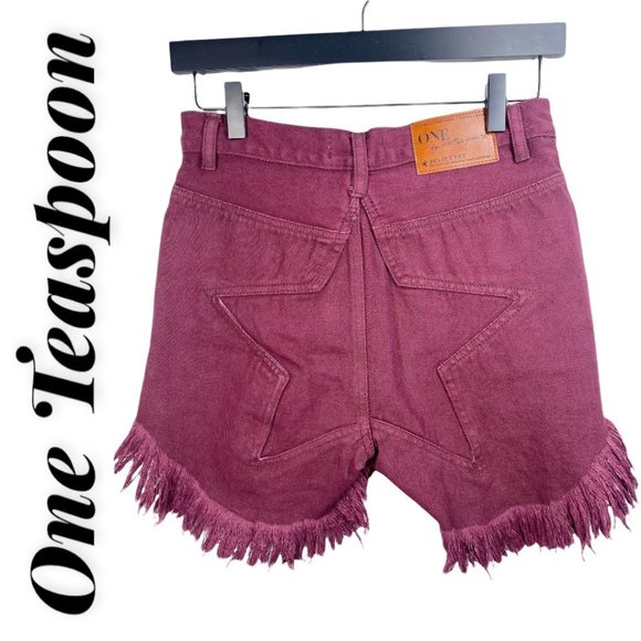 One Teaspoon Pants - One Teaspoon Juliette Star Fringe Cutoff High Waist Button Fly Red Denim Shorts,